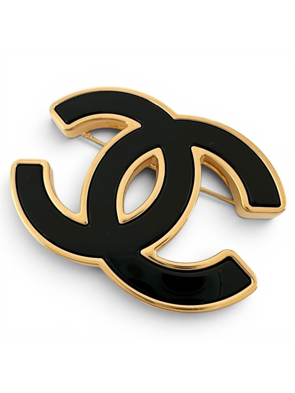 Chanel Plated Resin CC Logo Brooch Black Gold